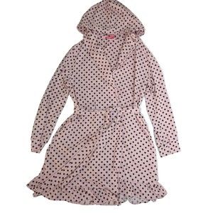 Betsey Johnson Pink Black Dots Hooded Belt Ruffle Pockets Robe Jacket M~So Soft!